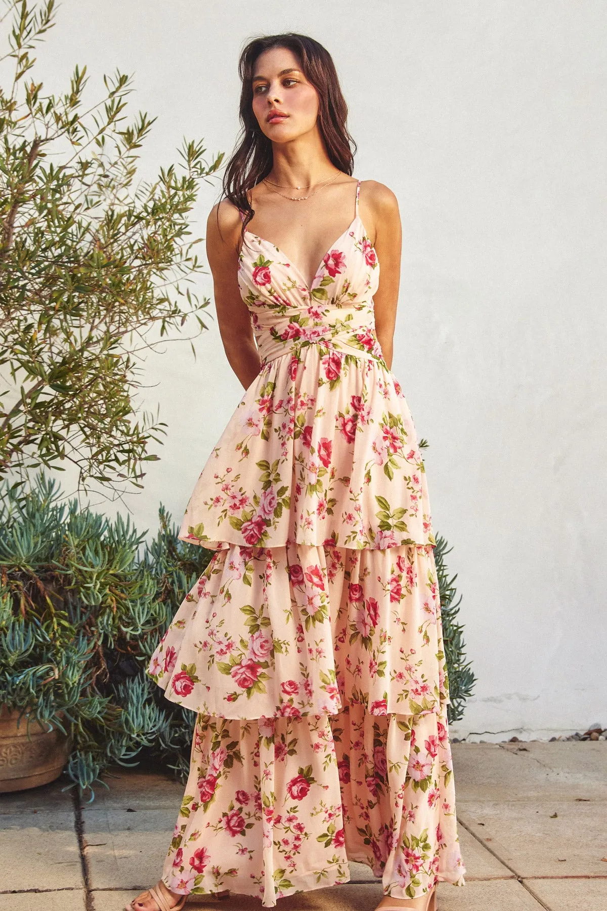 Serina Ruched Ruffle Tiered Maxi Dress