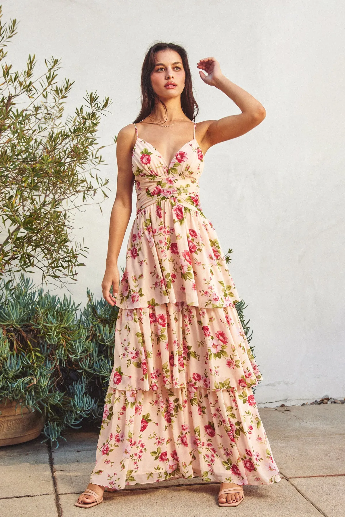 Serina Ruched Ruffle Tiered Maxi Dress