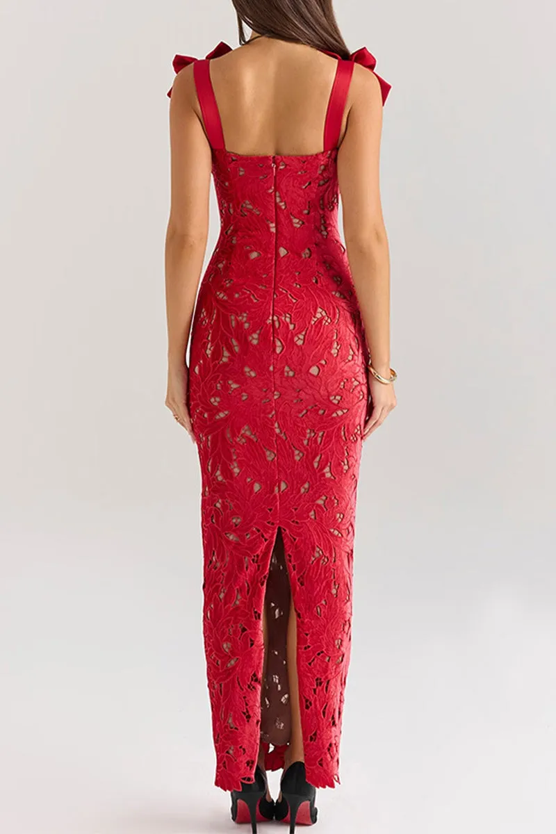 Sexy Solid Color Hollow Out Bow Decor Square Neck One Step Skirt Dresses