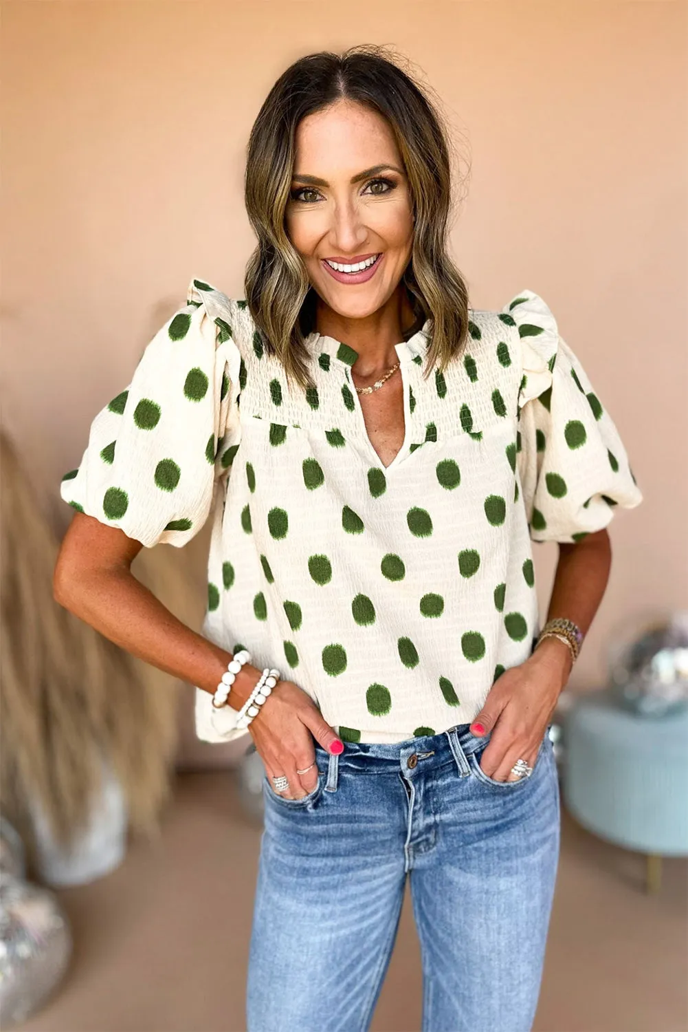 Sloane, Polka Dot Balloon Sleeve Blouse