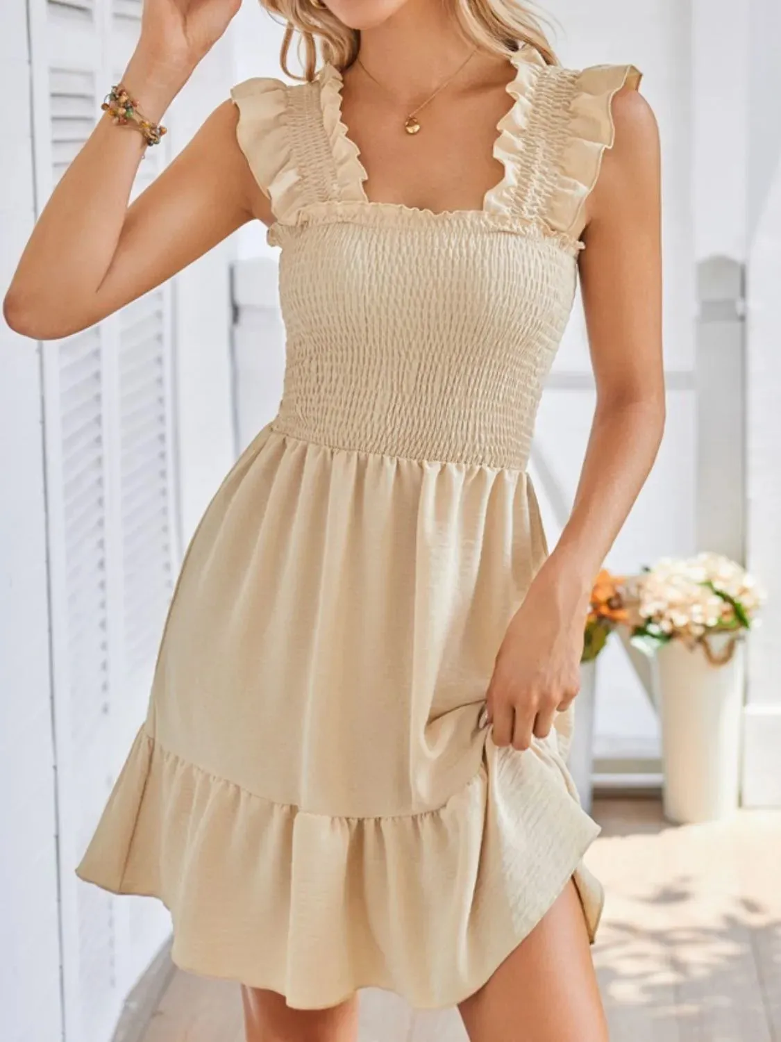 Smocked Square Neck Wide Strap Dress