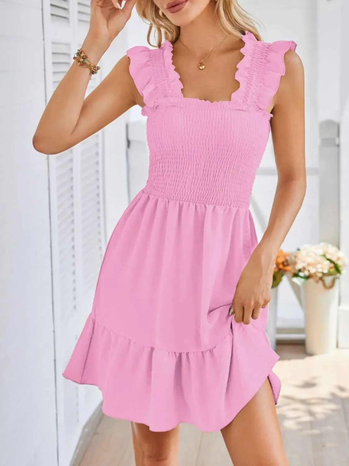 Smocked Square Neck Wide Strap Dress