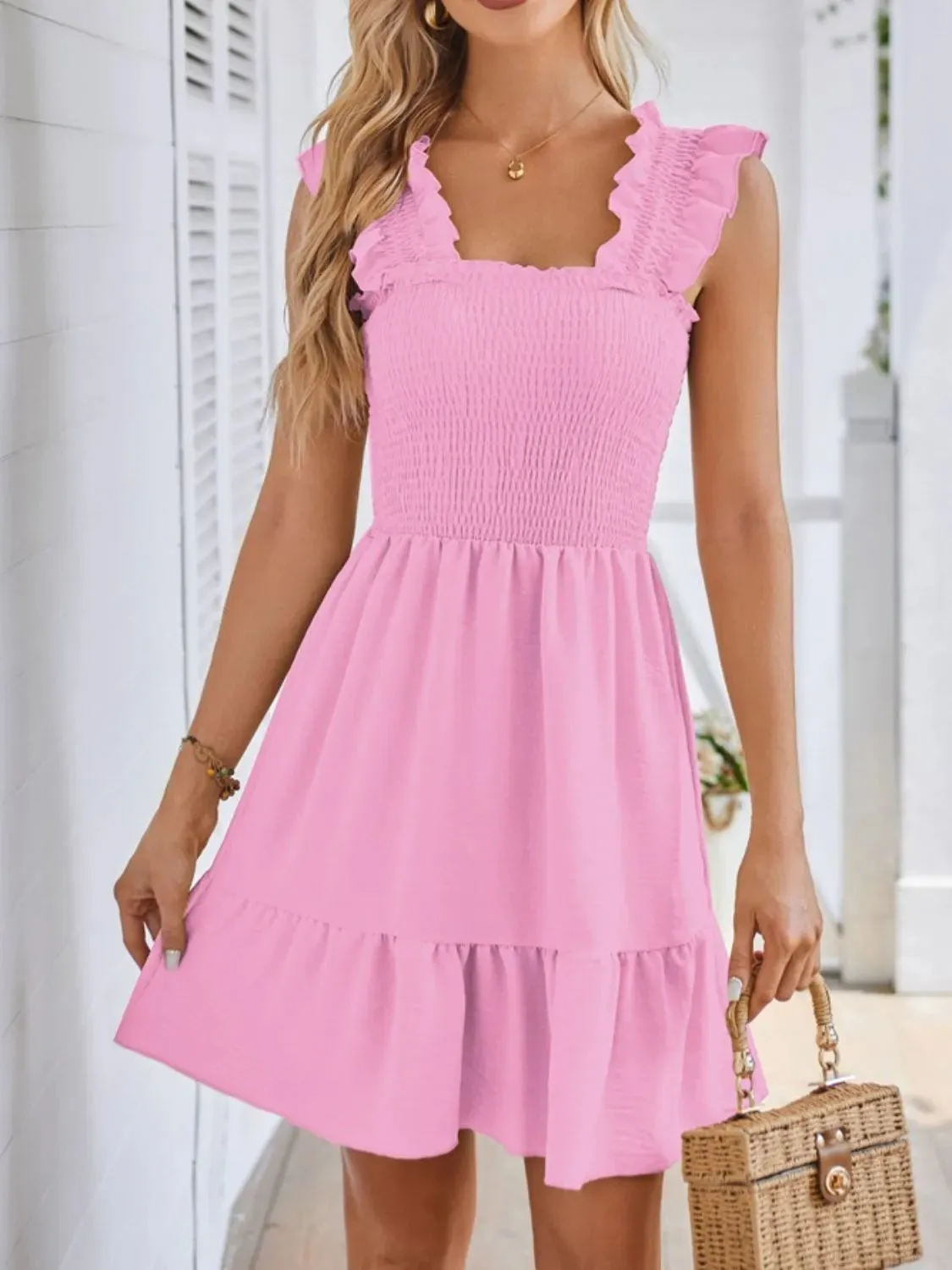 Smocked Square Neck Wide Strap Dress