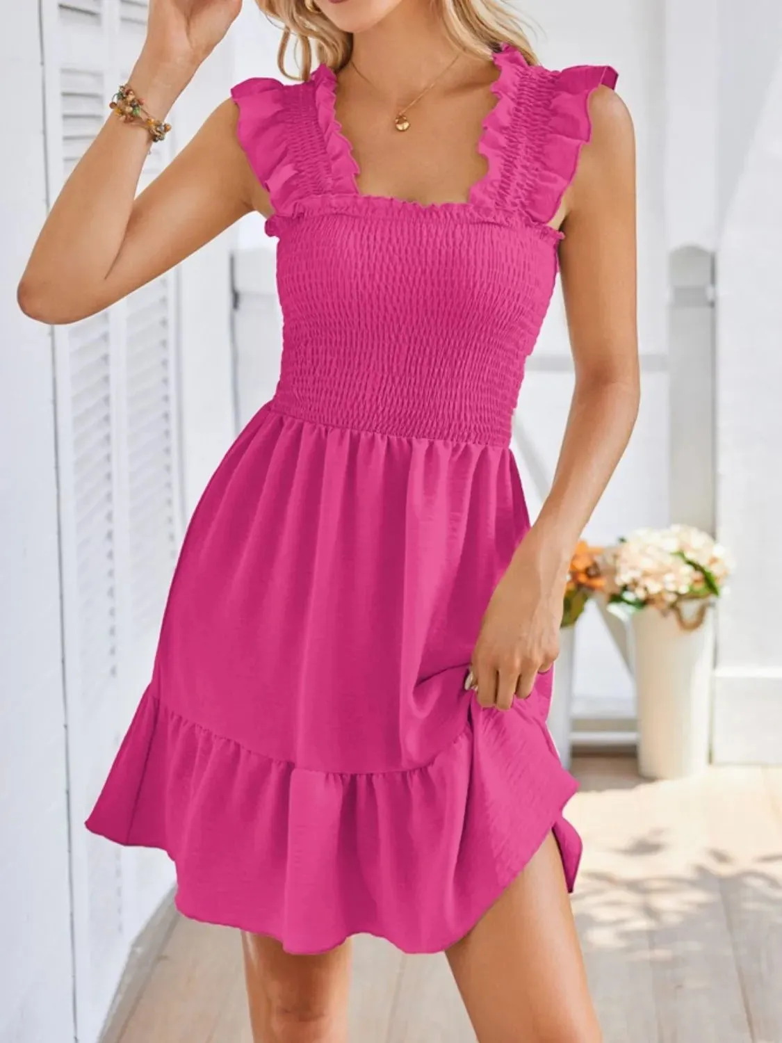 Smocked Square Neck Wide Strap Dress