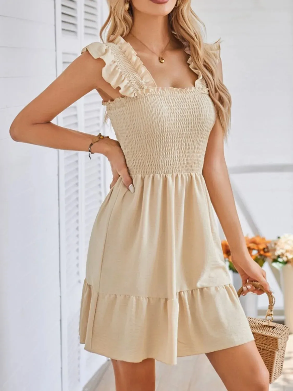 Smocked Square Neck Wide Strap Dress