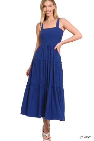 SMOCKED TIERED MIDI DRESS (LT Navy)
