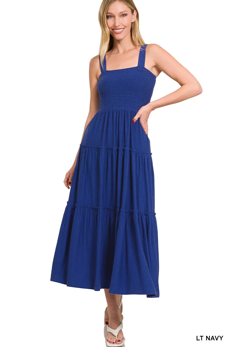 SMOCKED TIERED MIDI DRESS (LT Navy)