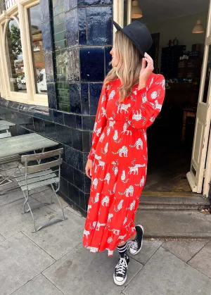 Snow Leopards EcoVero Lily Midi Dress (Coral)