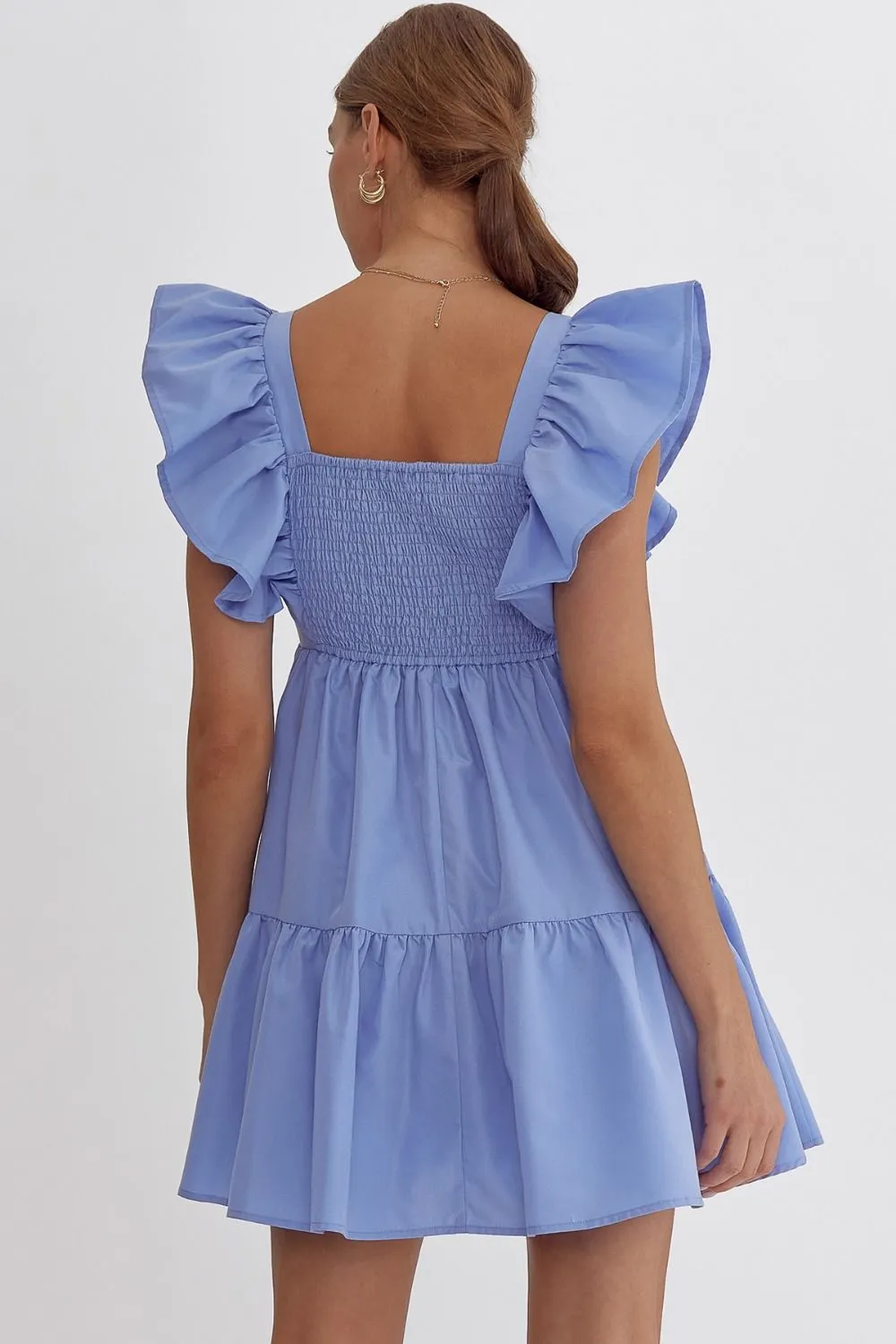 Solid Square Neck Baby Doll Dress W/Ruffle Sleeves