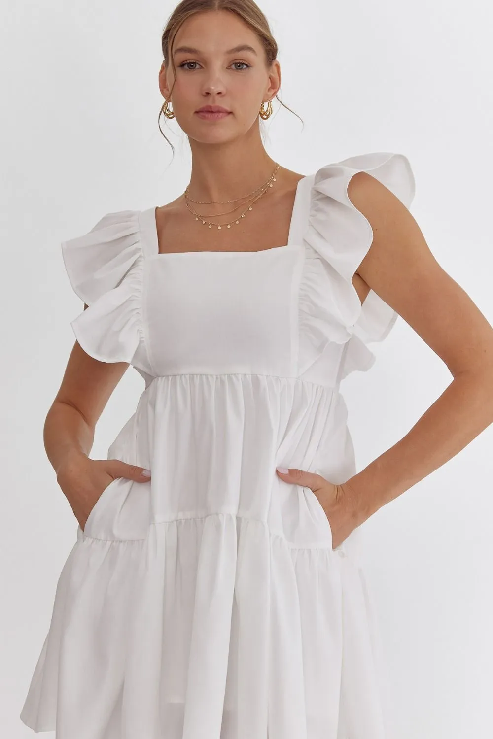 Solid Square Neck Baby Doll Dress W/Ruffle Sleeves