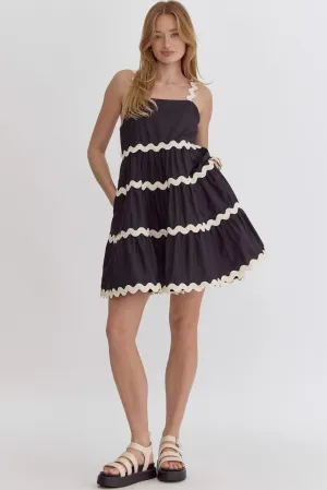 Solid Square Neck Sleeveless Mini Dress W/Rick Rack Trimming Detail