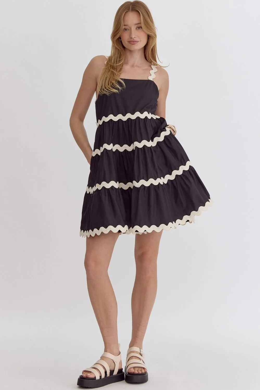 Solid Square Neck Sleeveless Mini Dress W/Rick Rack Trimming Detail