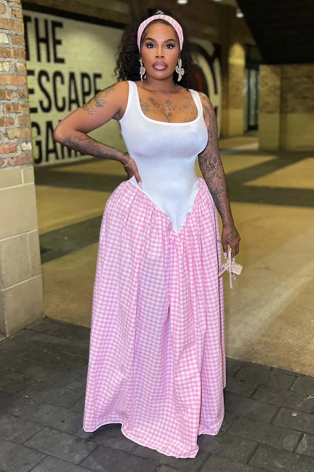 Square Neck Basque Waist Plaid Patchwork Daily Maxi Dresses-Pink [Pre Order]
