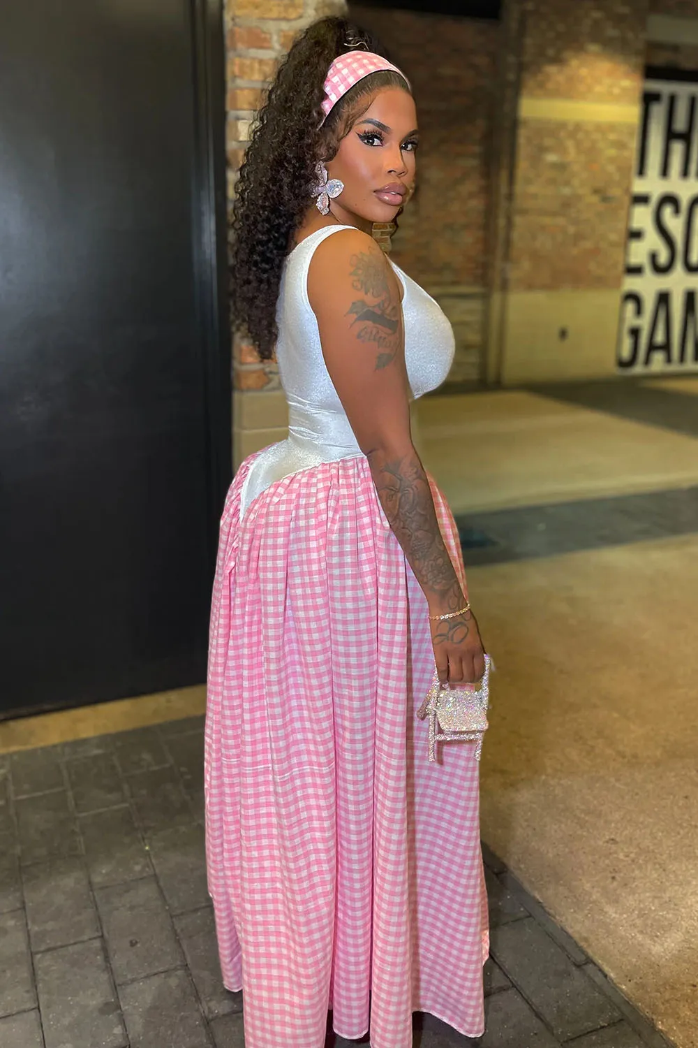 Square Neck Basque Waist Plaid Patchwork Daily Maxi Dresses-Pink [Pre Order]