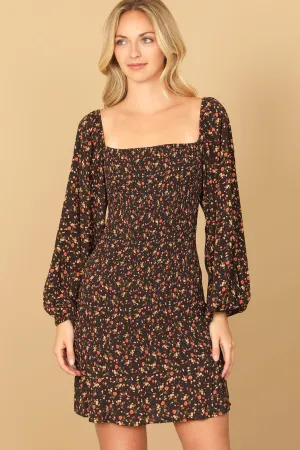 SQUARE NECK LONG PUFF SLEEVE SMOCKED FLORAL DRESS