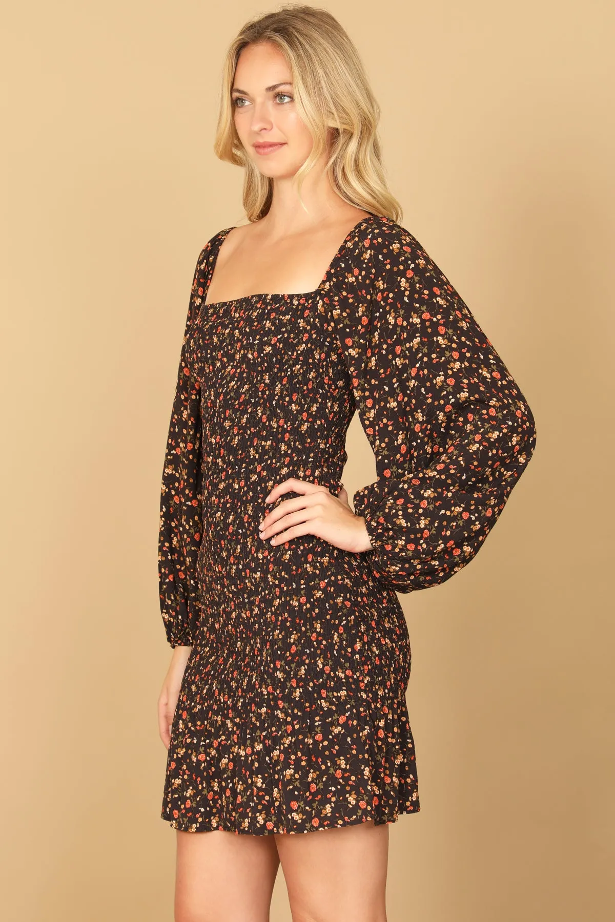 SQUARE NECK LONG PUFF SLEEVE SMOCKED FLORAL DRESS