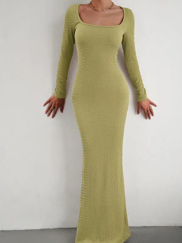Square Neck Long Sleeve Maxi Dress with Ribbed Knit