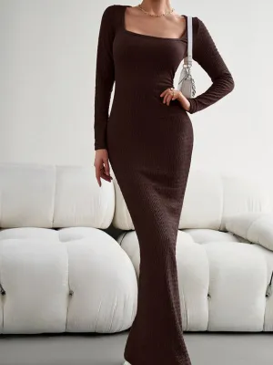 Square Neck Long Sleeve Maxi Dress with Ribbed Knit
