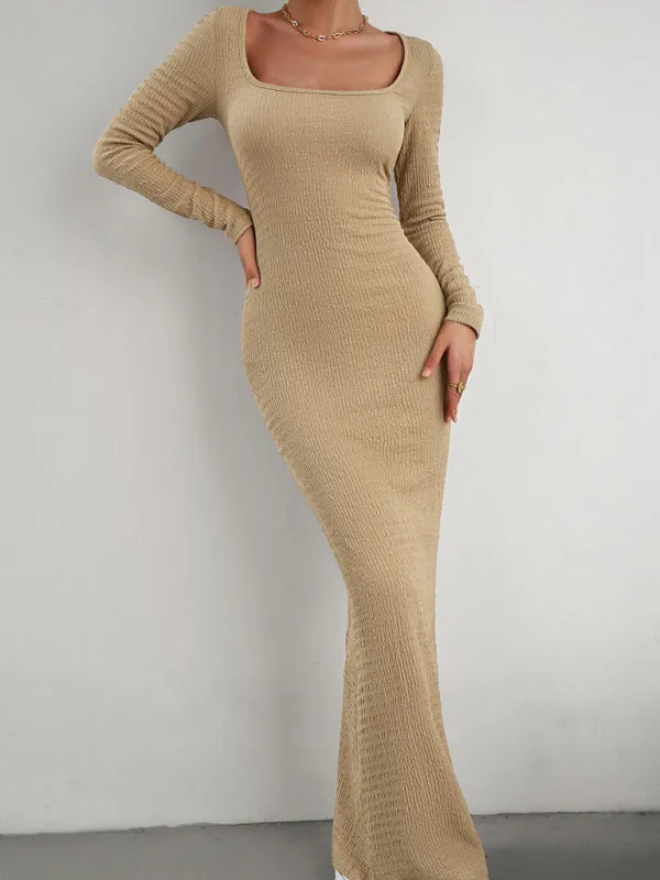 Square Neck Long Sleeve Maxi Dress with Ribbed Knit