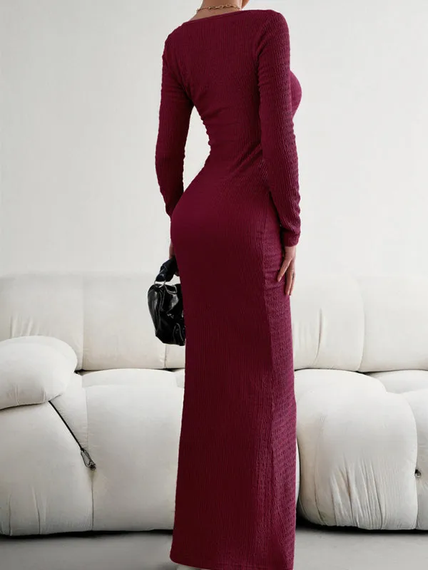 Square Neck Long Sleeve Maxi Dress with Ribbed Knit