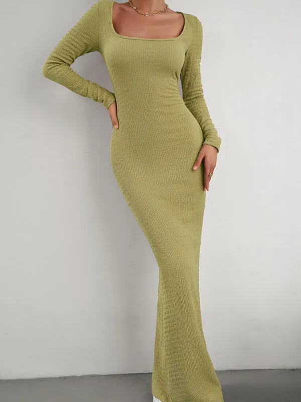Square Neck Long Sleeve Maxi Dress with Ribbed Knit