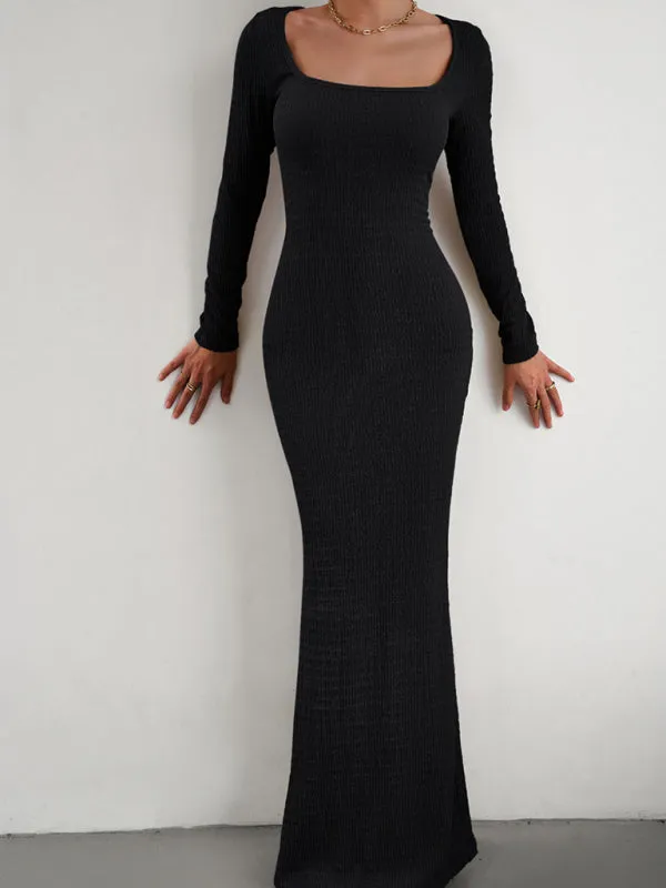 Square Neck Long Sleeve Maxi Dress with Ribbed Knit