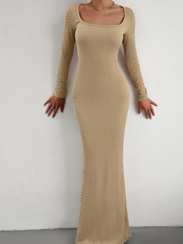 Square Neck Long Sleeve Maxi Dress with Ribbed Knit