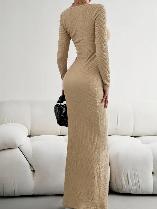 Square Neck Long Sleeve Maxi Dress with Ribbed Knit