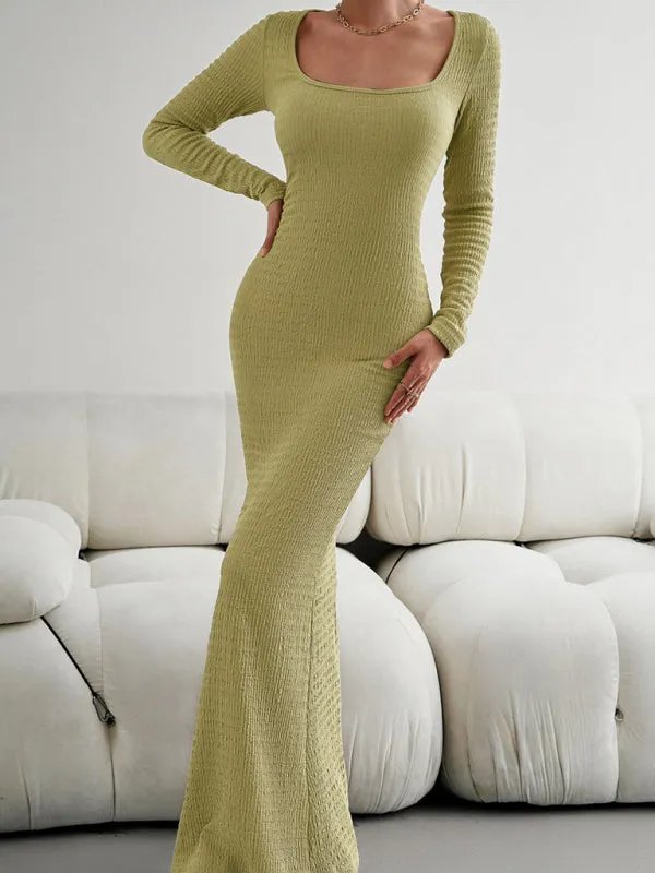 Square Neck Long Sleeve Maxi Dress with Ribbed Knit