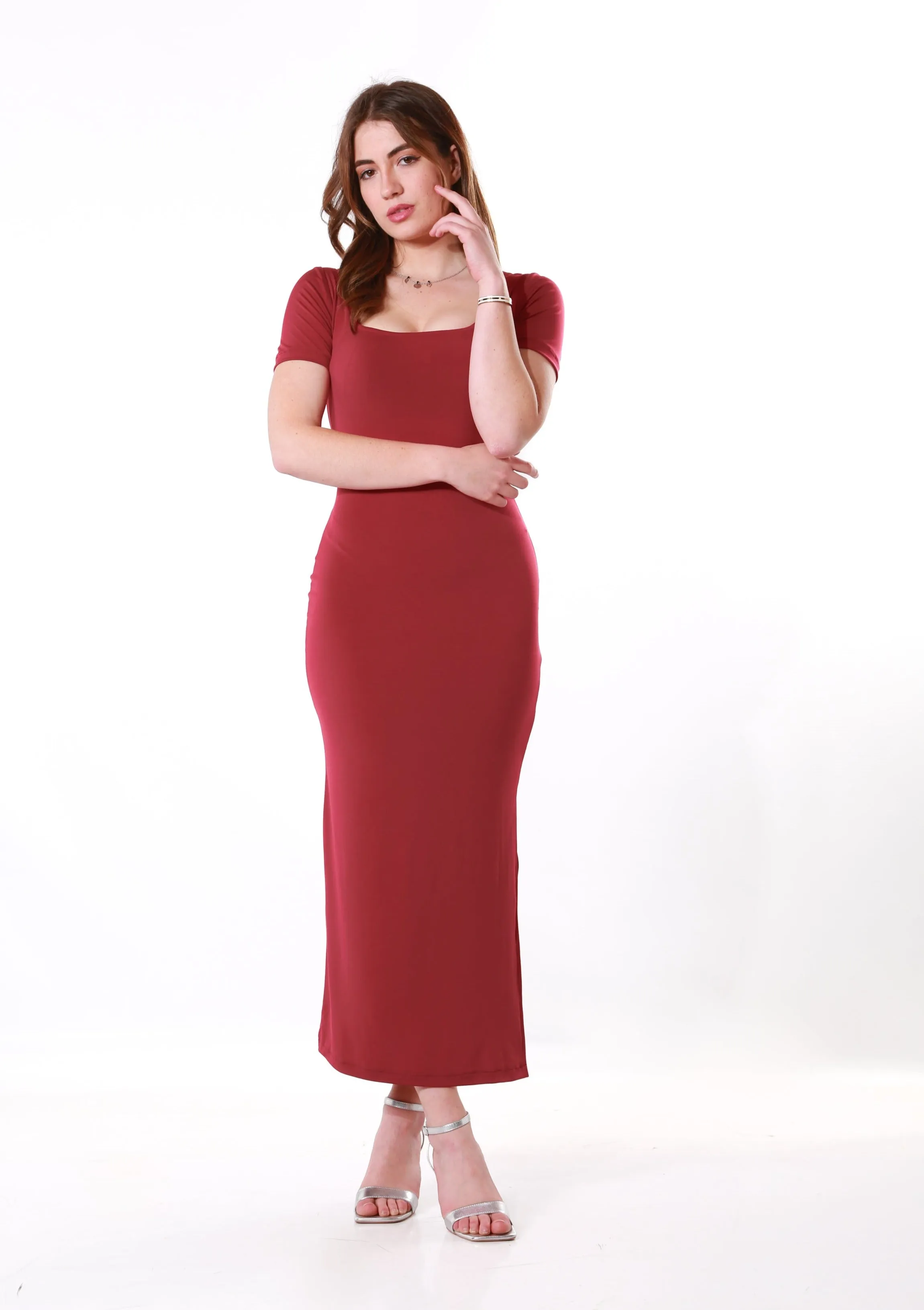 Square neck Maxi Dress short sleeve- Burgundy
