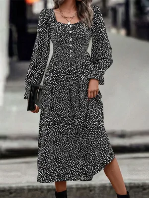 Square Neck Midi Dress with Floral Print and Button-Down Front