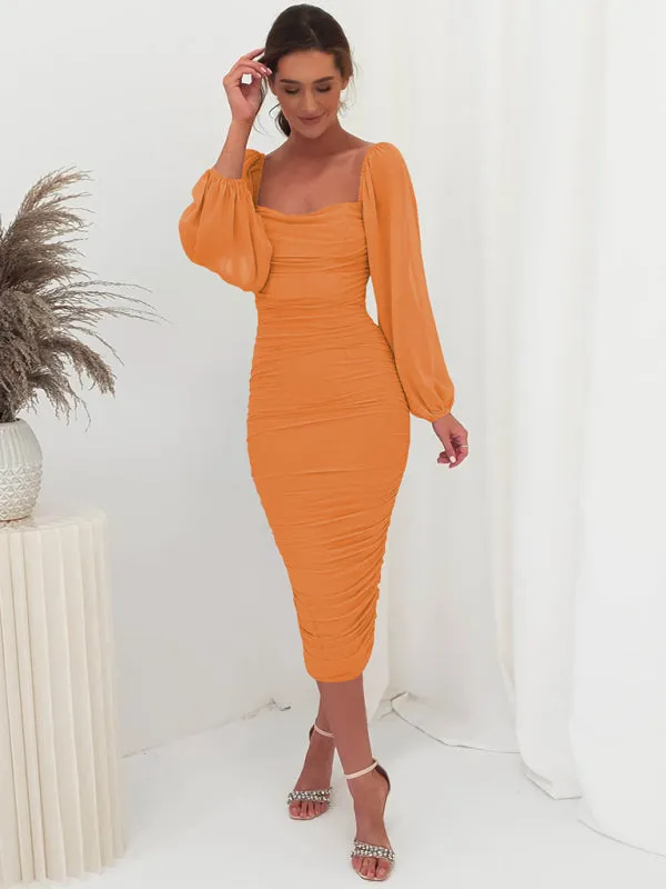 Square Neck Midi Dress with Lantern Sleeves and Ruched Design