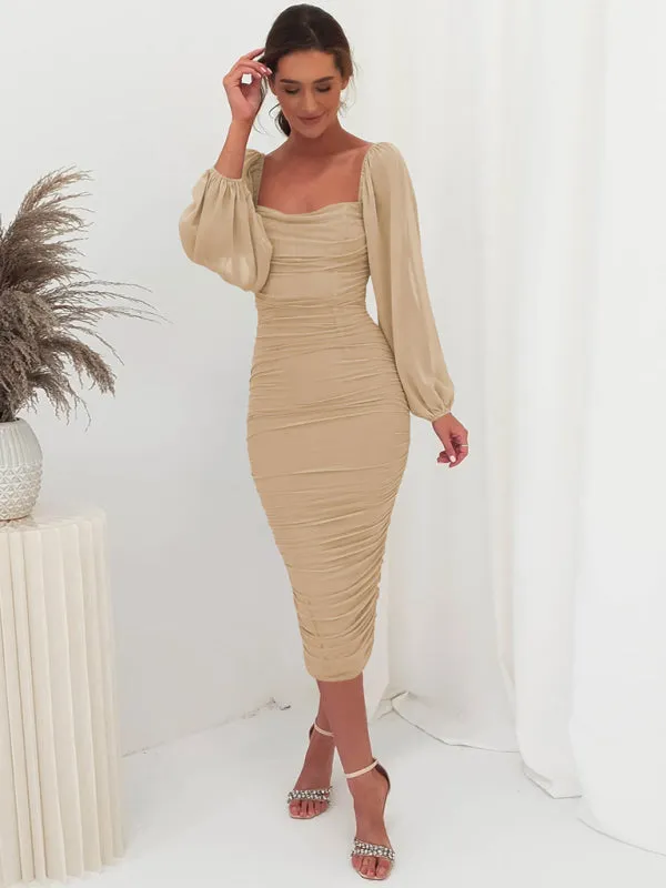 Square Neck Midi Dress with Lantern Sleeves and Ruched Design
