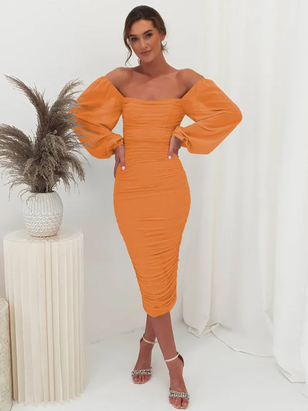 Square Neck Midi Dress with Lantern Sleeves and Ruched Design