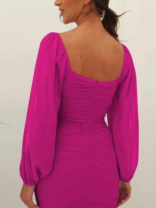 Square Neck Midi Dress with Lantern Sleeves and Ruched Design