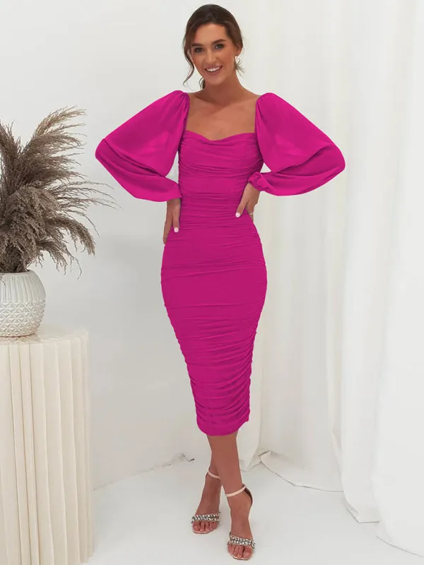 Square Neck Midi Dress with Lantern Sleeves and Ruched Design