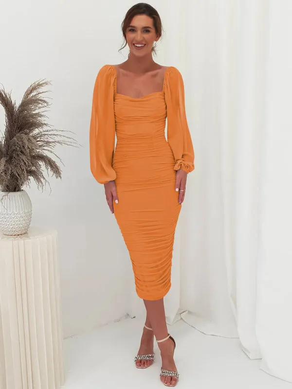 Square Neck Midi Dress with Lantern Sleeves and Ruched Design