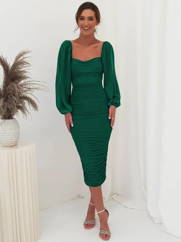 Square Neck Midi Dress with Lantern Sleeves and Ruched Design