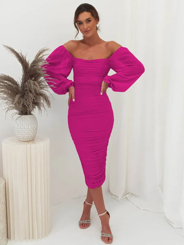 Square Neck Midi Dress with Lantern Sleeves and Ruched Design