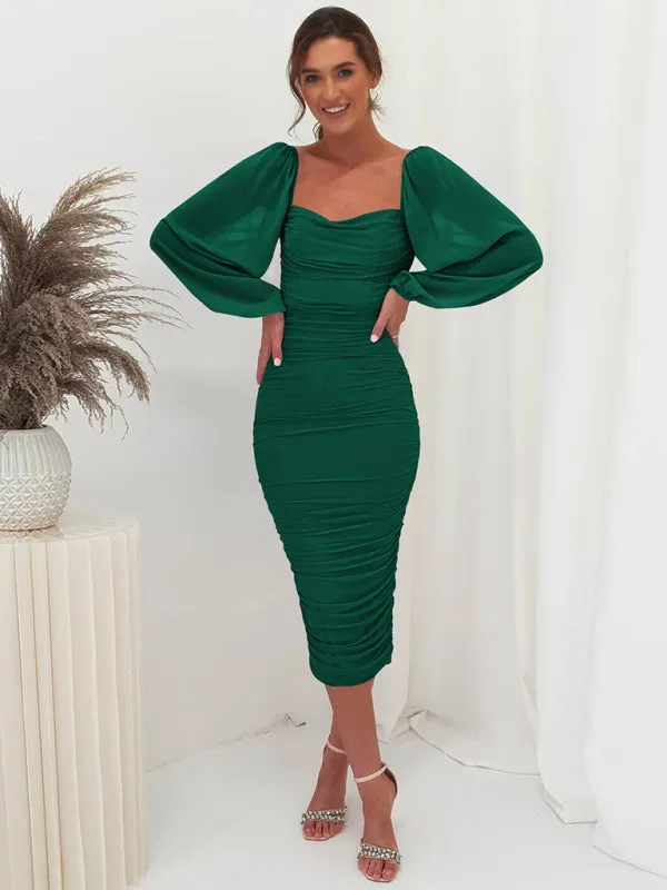 Square Neck Midi Dress with Lantern Sleeves and Ruched Design