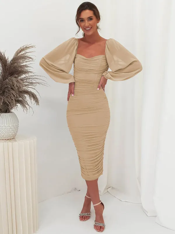 Square Neck Midi Dress with Lantern Sleeves and Ruched Design