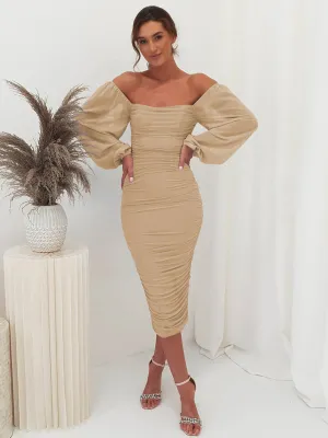 Square Neck Midi Dress with Lantern Sleeves and Ruched Design