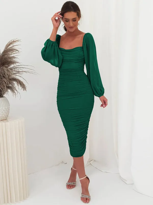 Square Neck Midi Dress with Lantern Sleeves and Ruched Design