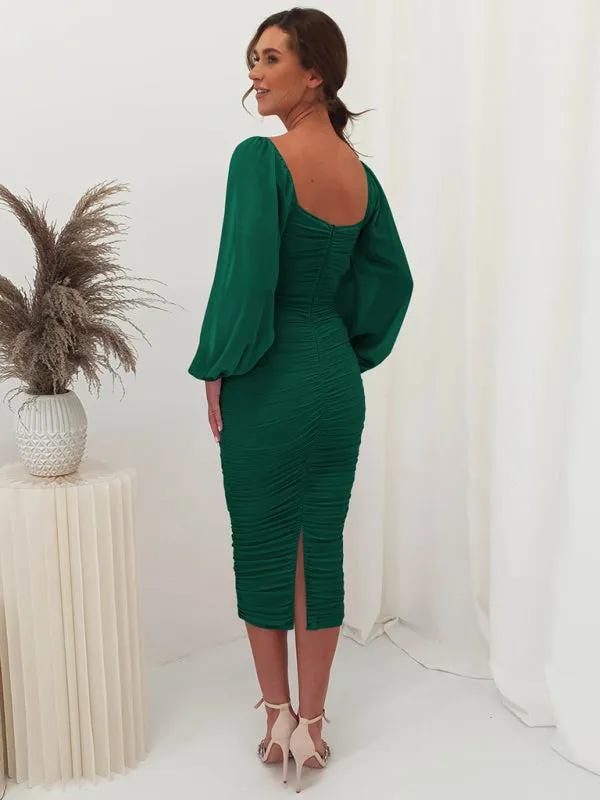 Square Neck Midi Dress with Lantern Sleeves and Ruched Design