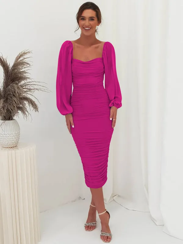 Square Neck Midi Dress with Lantern Sleeves and Ruched Design