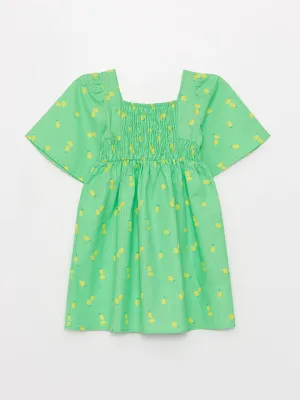 Square Neck Patterned Short Sleeve Girls Dress