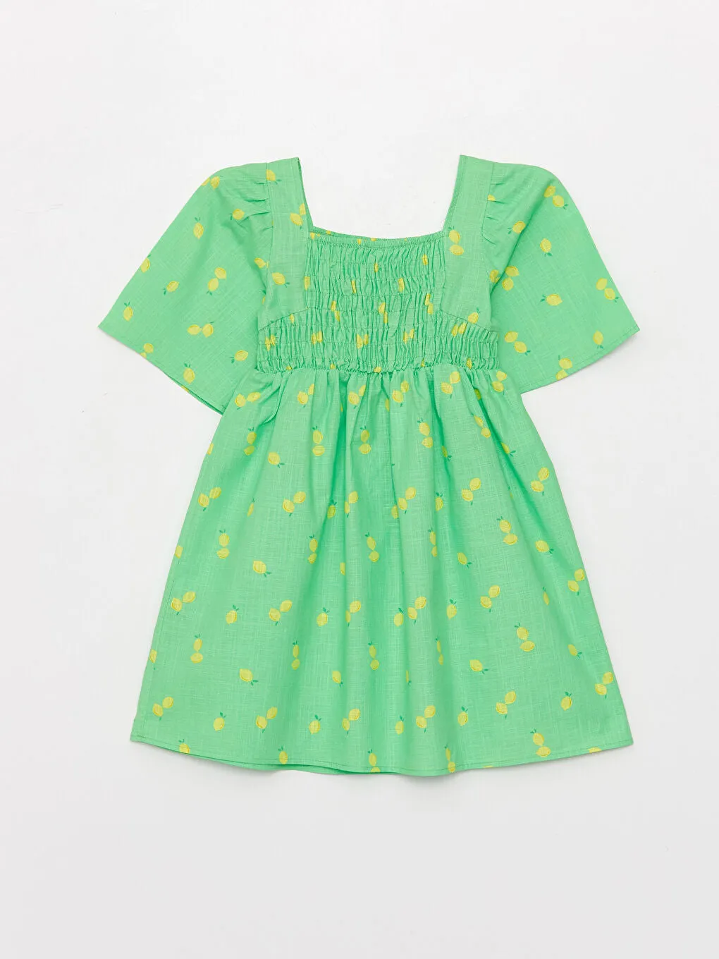 Square Neck Patterned Short Sleeve Girls Dress