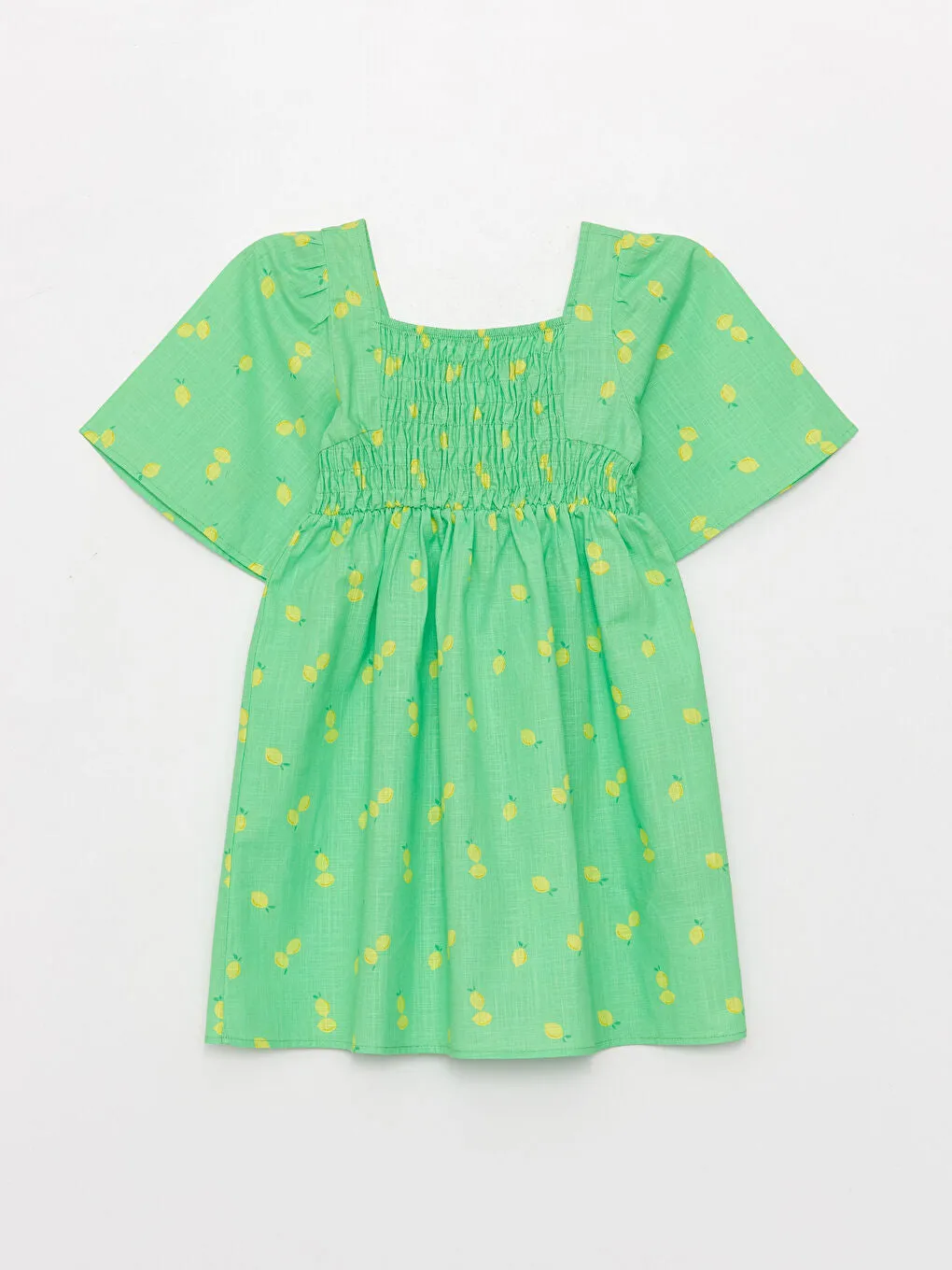 Square Neck Patterned Short Sleeve Girls Dress