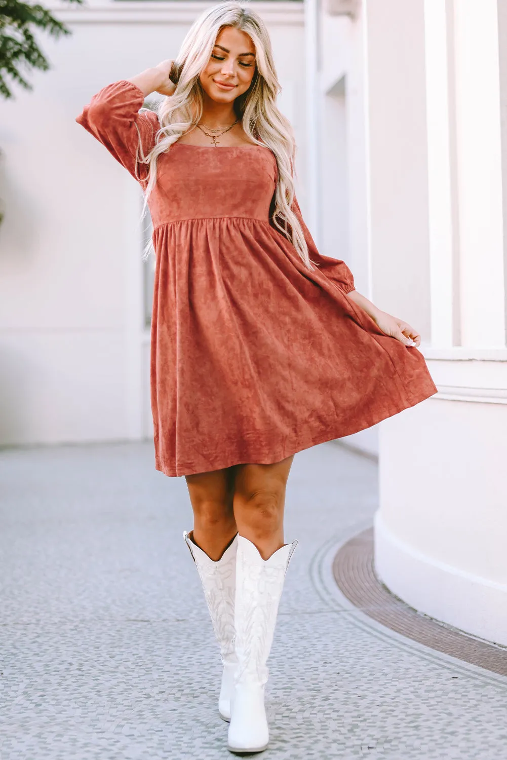 Square Neck Suede Dress with Puff Sleeves