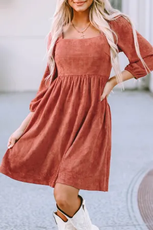 Square Neck Suede Dress with Puff Sleeves